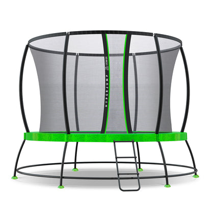 Trampoline with green base and black netting on a white background