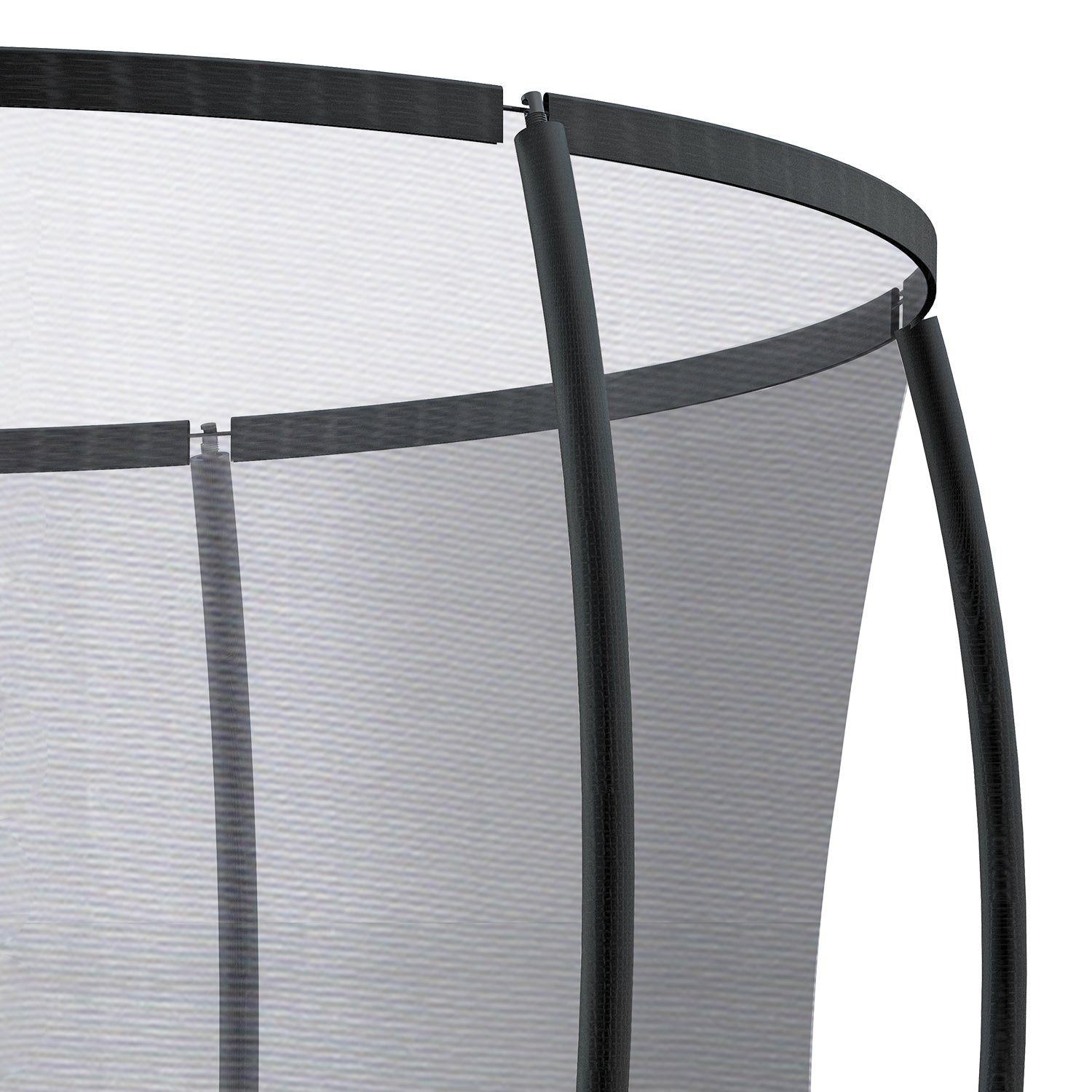 Close-up of a trampoline with a white safety net and black metal frame on a white background.