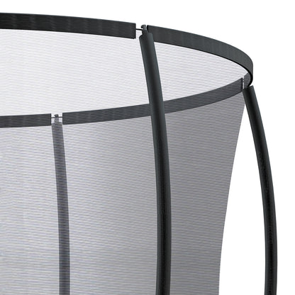 Close-up of a trampoline with a white safety net and black metal frame on a white background.