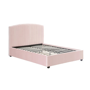 Pink upholstered bed frame on a white background