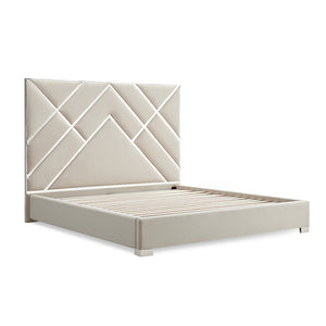Beige upholstered bed with geometric headboard on a white background