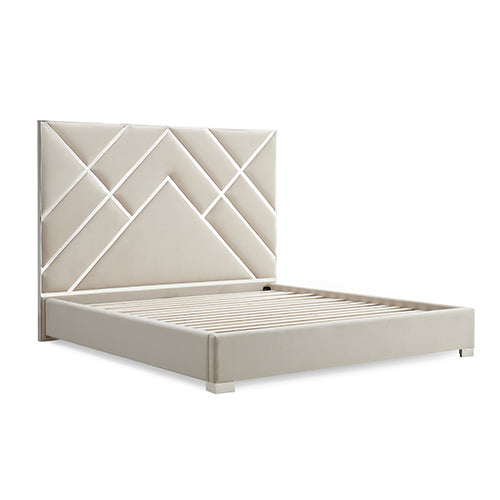 Beige upholstered bed with geometric headboard on a white background