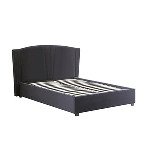 Black upholstered bed frame on a white background