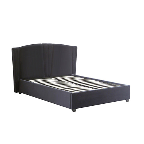 Black upholstered bed frame on a white background
