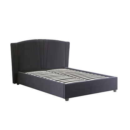 Black upholstered bed frame on a white background