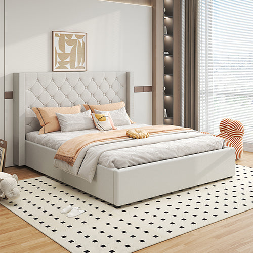 Modern bedroom with a tufted bed, pillows, and a rug.