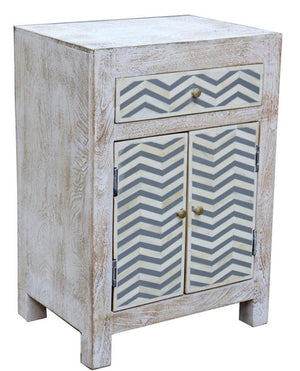 2-drawer whitewashed bedside cabinet with Grey/White bone chevron design