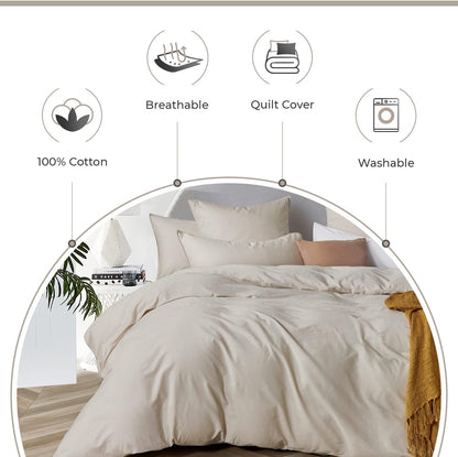 100% Cotton Vintage Washed Bed Quilt Cover Set - Natural - Queen Size