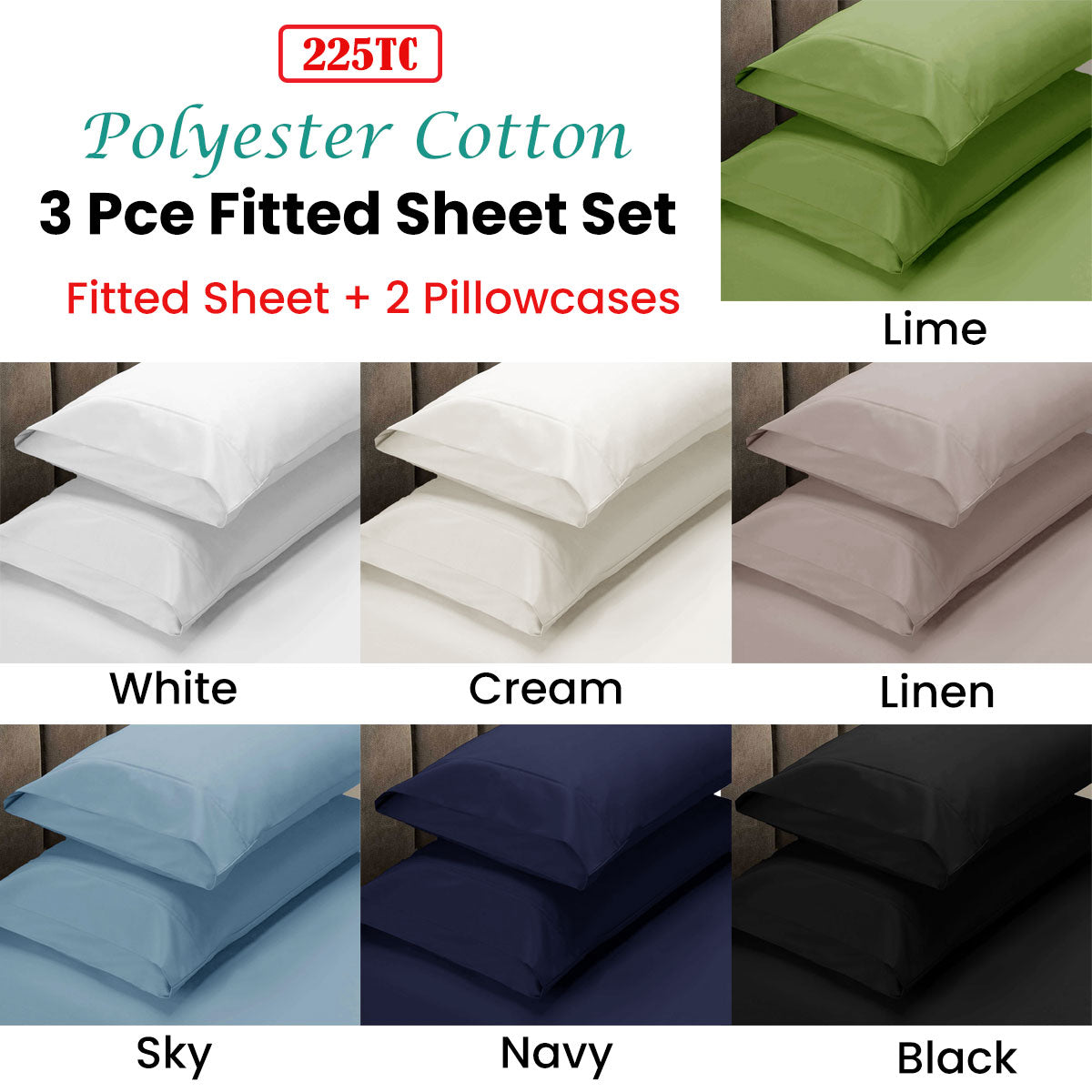 Apartmento 225TC Fitted Sheet Set King Black plus 2 Pillowcases