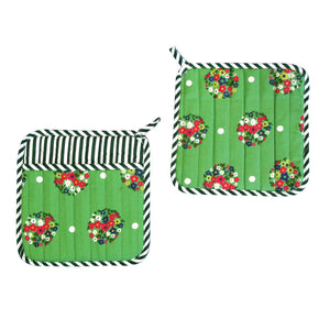 Set of 2 100% Cotton Printed Pot Holders 22 x 22 cm Green Blossom - Factory Direct Shop