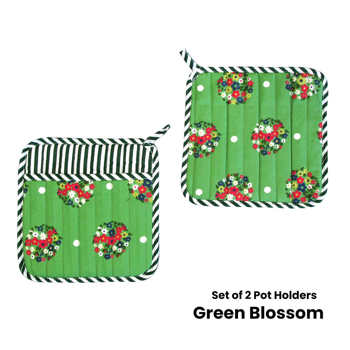 Set of 2 100% Cotton Printed Pot Holders 22 x 22 cm Green Blossom - Factory Direct Shop