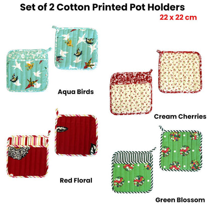 Set of 2 100% Cotton Printed Pot Holders 22 x 22 cm Green Blossom - Factory Direct Shop