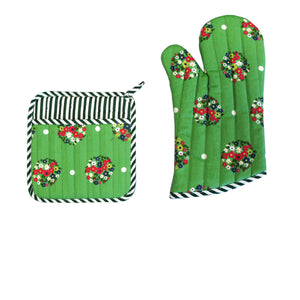 Set of 100% Cotton Printed Oven Mitt + Pot Holder Green Blossom - Factory Direct Shop