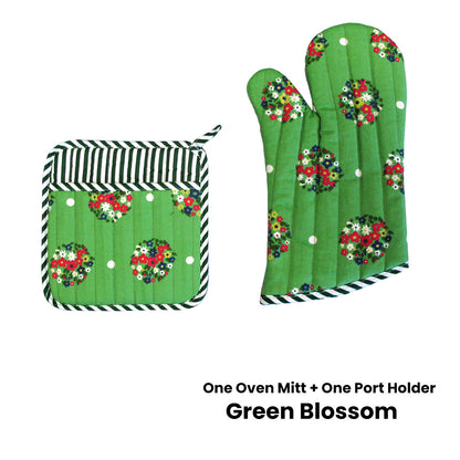 Set of 100% Cotton Printed Oven Mitt + Pot Holder Green Blossom - Factory Direct Shop