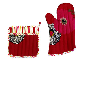 Set of 100% Cotton Printed Oven Mitt + Pot Holder Red Floral - Factory Direct Shop