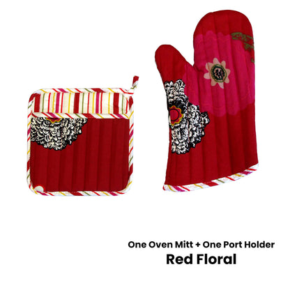 Set of 100% Cotton Printed Oven Mitt + Pot Holder Red Floral - Factory Direct Shop