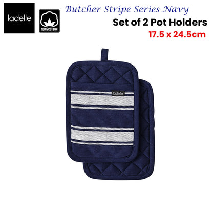 Ladelle Butcher Stripe Series Navy Set of 2 Pot Holders 17.5 x 24.5cm - Factory Direct Shop