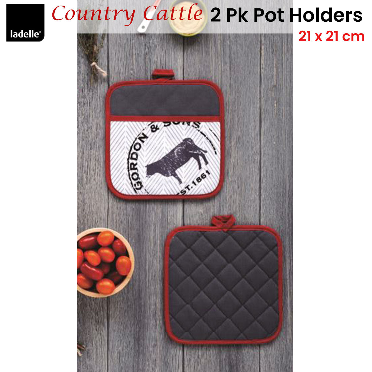 Ladelle Country Cattle Set of 2 Pot Holders 21 x 21 cm - Factory Direct Shop