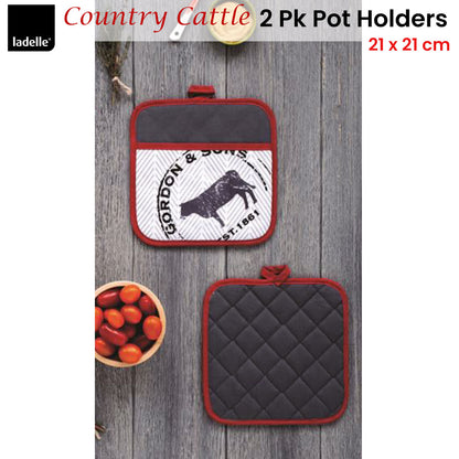 Ladelle Country Cattle Set of 2 Pot Holders 21 x 21 cm - Factory Direct Shop