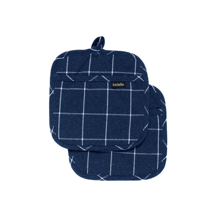 Ladelle Eco Check Navy Set of 2 Pot Holders 21 x 21 cm - Factory Direct Shop
