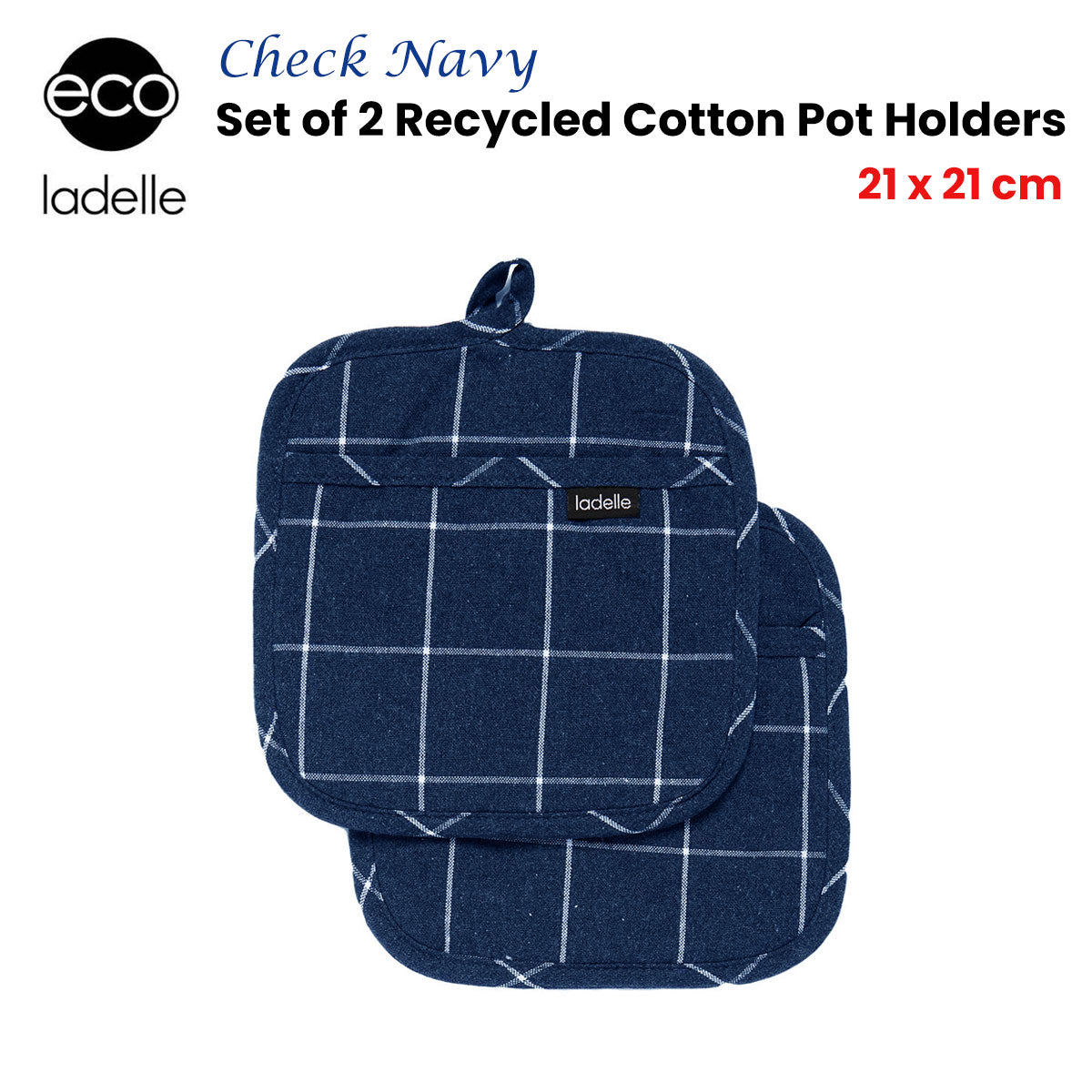 Ladelle Eco Check Navy Set of 2 Pot Holders 21 x 21 cm - Factory Direct Shop