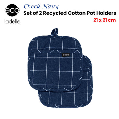 Ladelle Eco Check Navy Set of 2 Pot Holders 21 x 21 cm - Factory Direct Shop