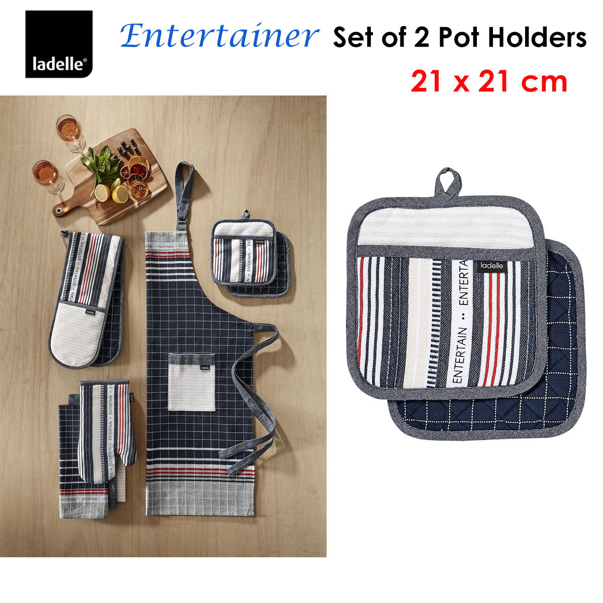 Ladelle Entertainer Charcoal Set of 2 Pot Holders 21 x 21 cm - Factory Direct Shop