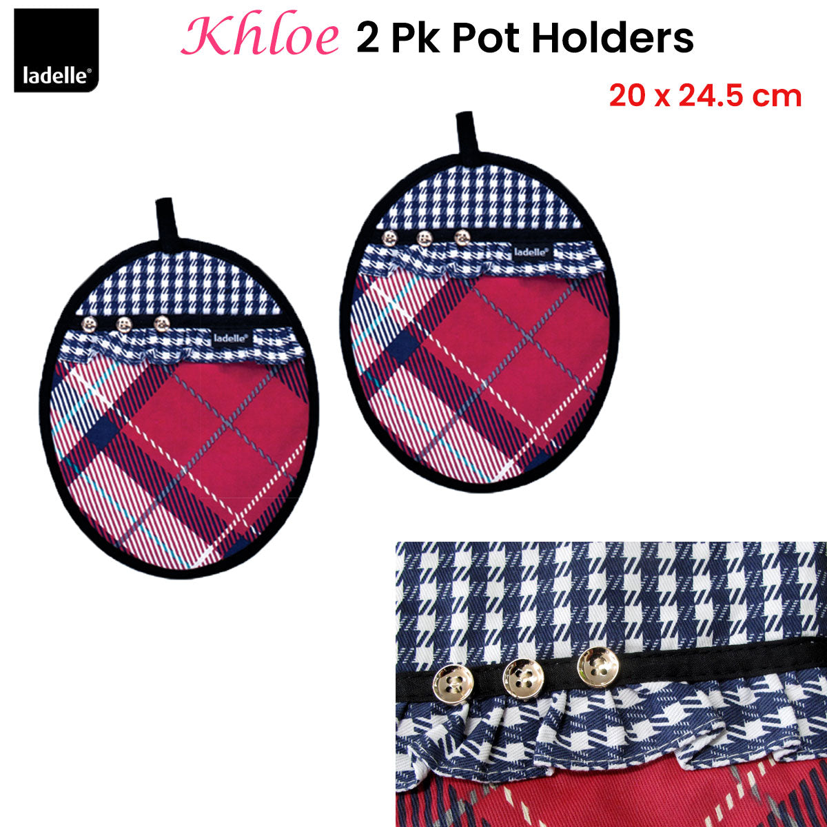 Ladelle Khloe Multi Set of 2 Pot Holders 20 x 24.5 cm - Factory Direct Shop