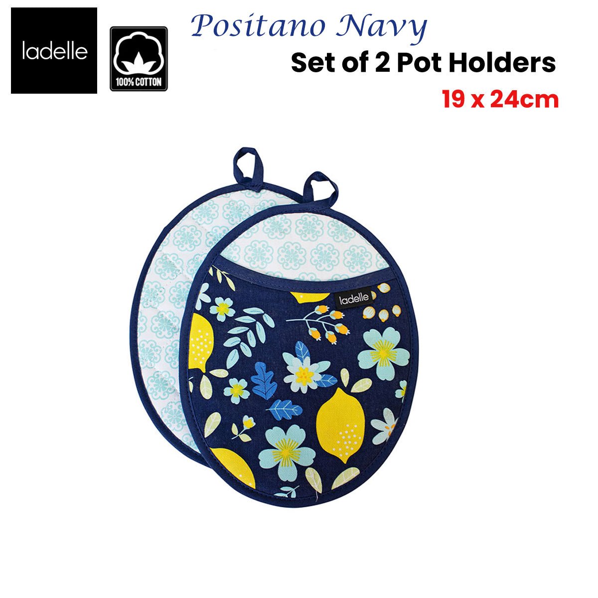 Ladelle Positano Navy Set of 2 Pot Holders 19 x 24 cm - Factory Direct Shop