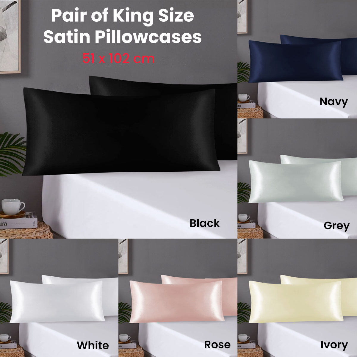 Pair of King Satin Silk Pillowcases with Envelope Closure 51 x 102 cm Navy