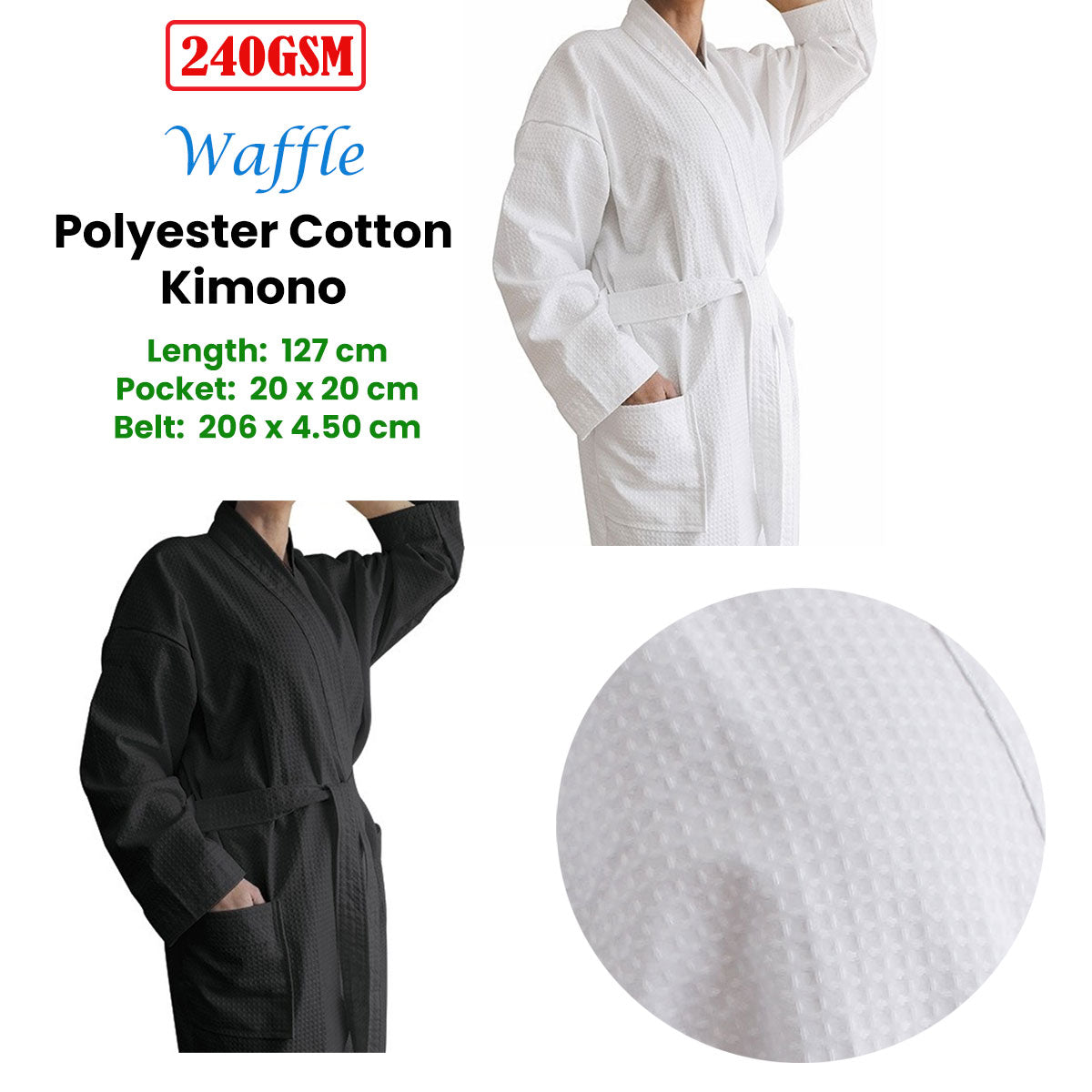 Bathrobe Cotton Jason 240GSM Waffle Polyester Kimono White