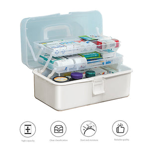 A portable first aid kit with a transparent lid, featuring multiple compartments with various medical storage items like bottles and plasters.