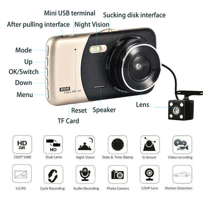 1080P Car Dash Camera Dual Front and Rear Night Vision Kit