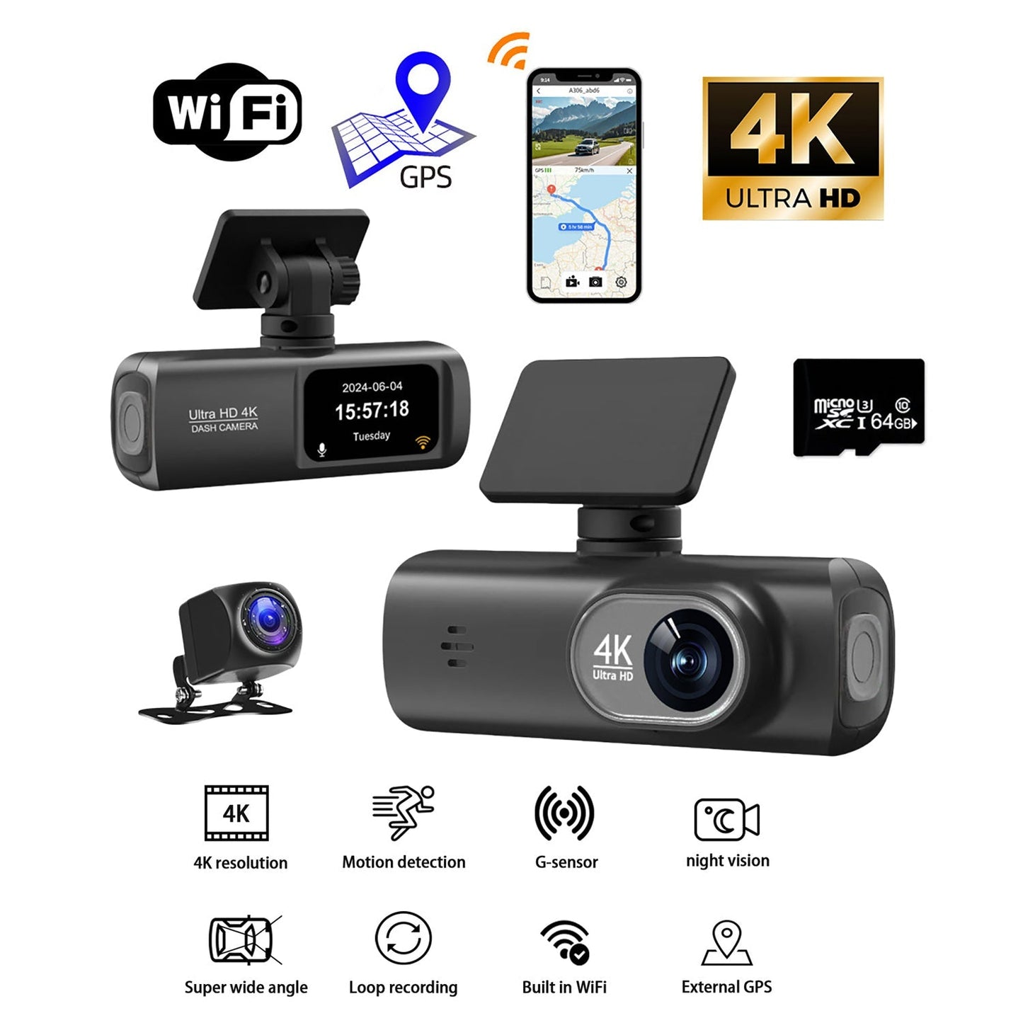 4K Front and Rear Dual Dash Cam WiFi GPS with 64GB SD Card
