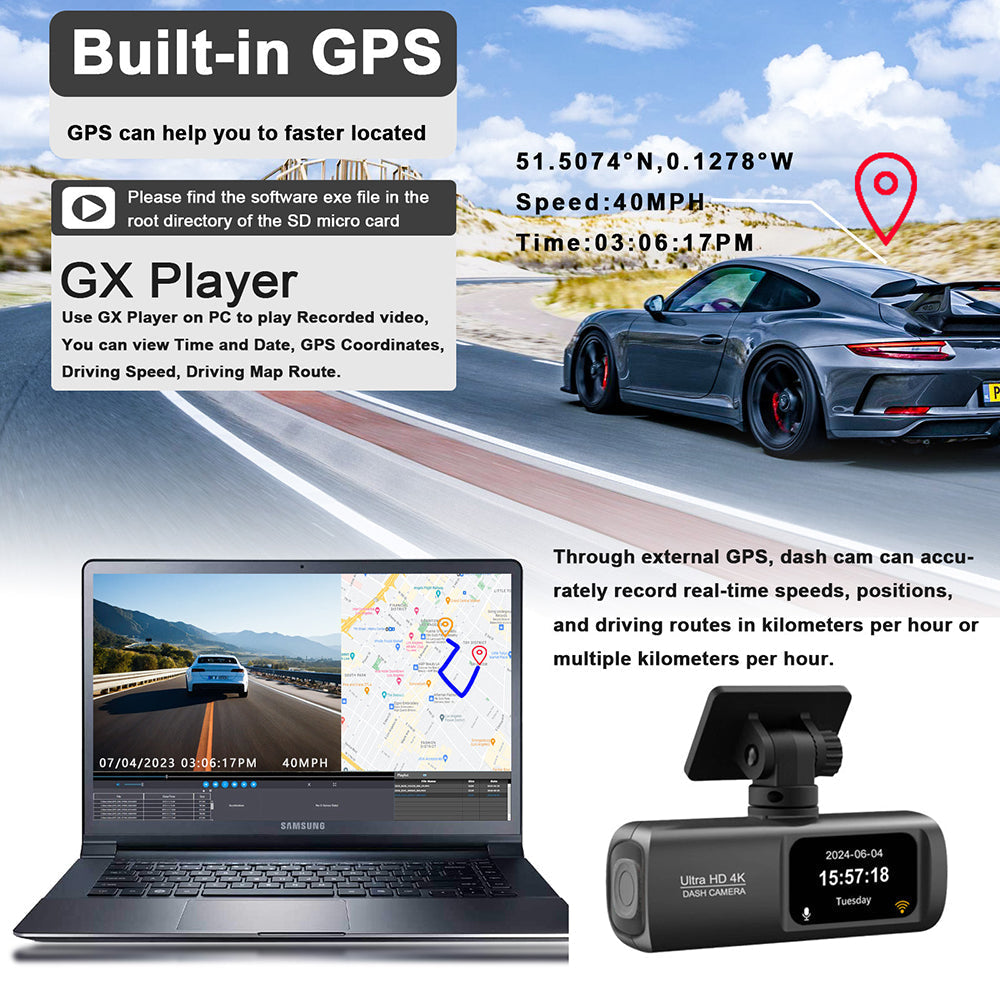 4K Front and Rear Dual Dash Cam WiFi GPS with 64GB SD Card