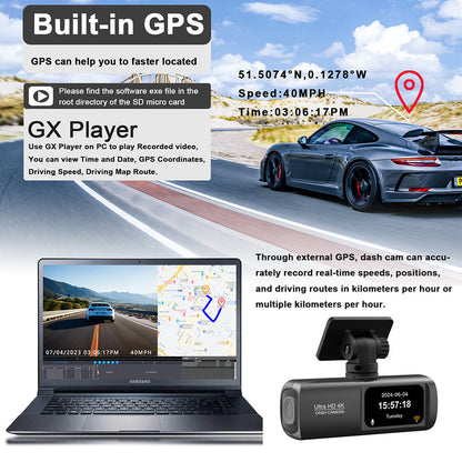 4K Front and Rear Dual Dash Cam WiFi GPS with 64GB SD Card