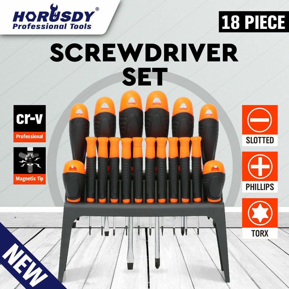 An 18 piece screwdriver set with ergonomic grips and magnetic tips, displayed in an organized manner with a black and orange color scheme.