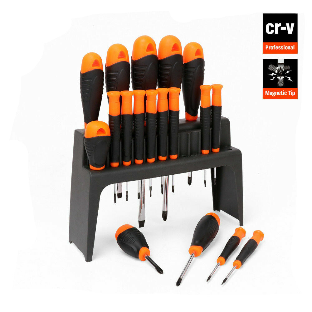 Set of black and orange screwdrivers with a holder on a white background, featuring Cr-V branding.