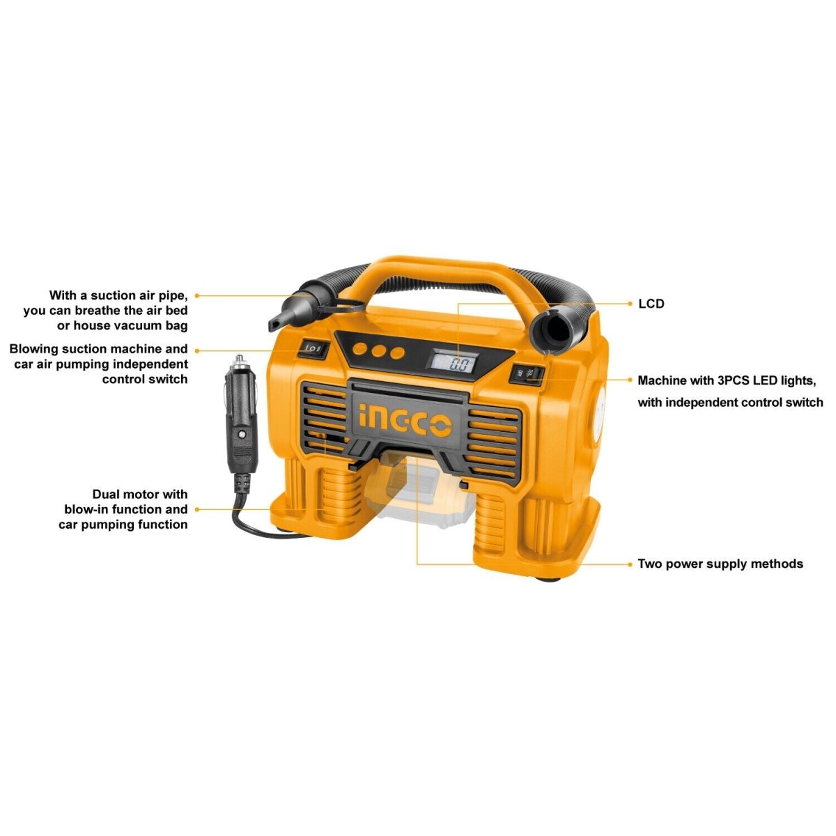 INGCO Air Compressor Car Tyre Deflator Inflator Pump 160PSI Auto Stop & Fittings(no battery and charger) - Factory Direct Shop
