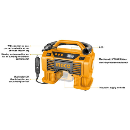 INGCO Air Compressor Car Tyre Deflator Inflator Pump 160PSI Auto Stop & Fittings(no battery and charger) - Factory Direct Shop