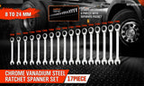 17Pc Ratchet Spanner Set Metric Combination Wrenches Open End Ring CR-V 8-24mm