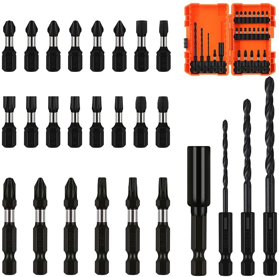 A set of black impact screwdriver bits and magnetic drill bits with a quick release drilling tool, neatly organized in a orange storage case.