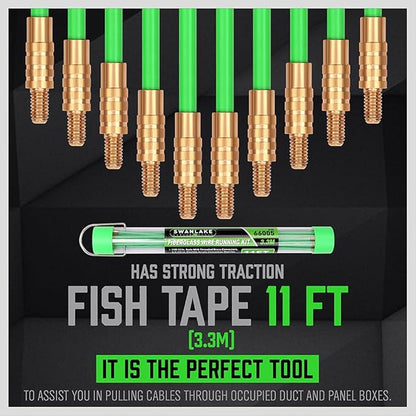 Fish tape set with green and gold connectors on a black background