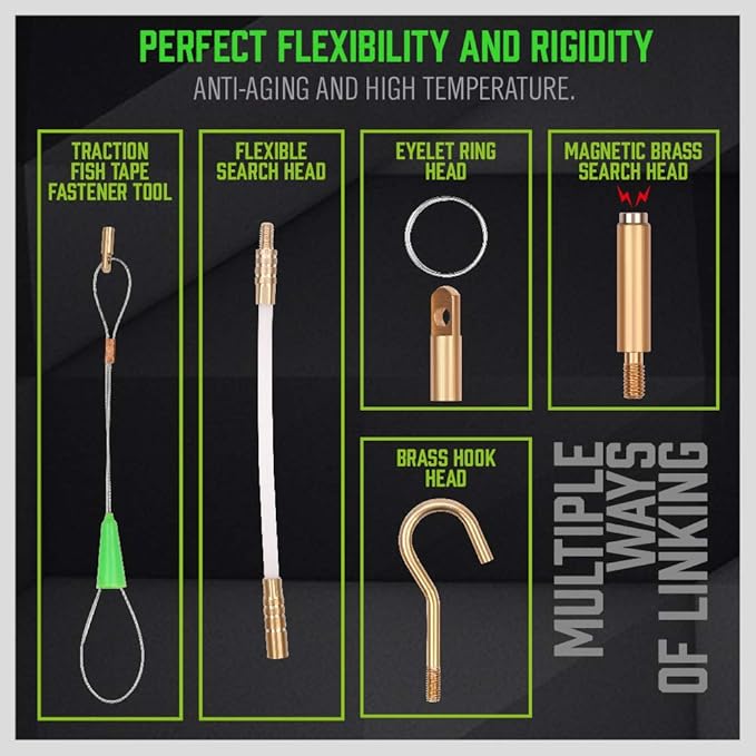 Product display with various components and features on a black background