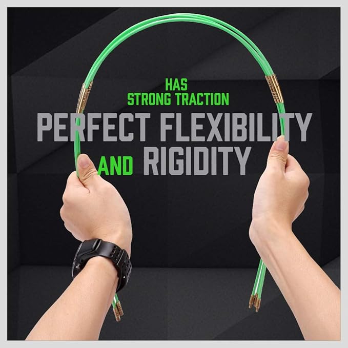 Green cable with text about traction, flexibility, and rigidity held by two hands against a black background.
