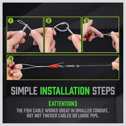Step-by-step guide on installing a fishing cable with hands performing actions against a black background.