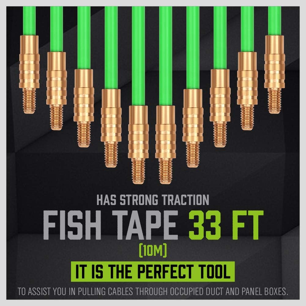 Fish tape with green cable and gold ends on a black background