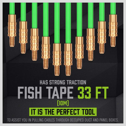 Fish tape with green cable and gold ends on a black background