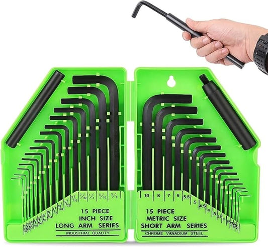 Set of Allen wrenches in a green case with a hand holding an wrench.