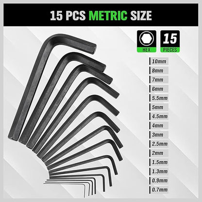 Set of 15 metric hex keys with size chart on a white background